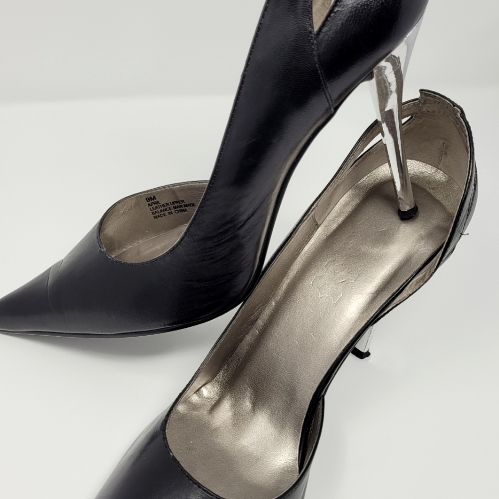 Black Leather Stiletto Pump w/Chrome Heel